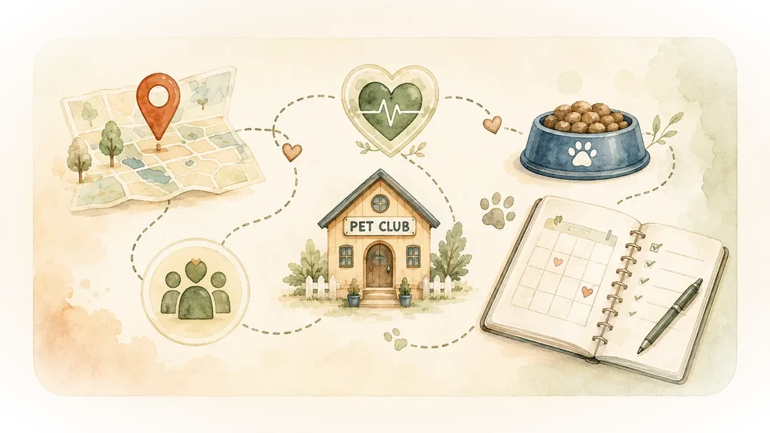 A pet's journey through Pawhub — map, health, food, a pet club, community and a calendar, linked together