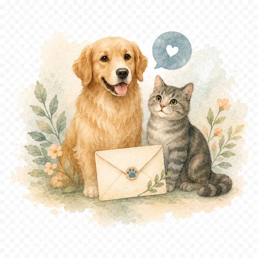 A golden retriever and a tabby cat with a letter